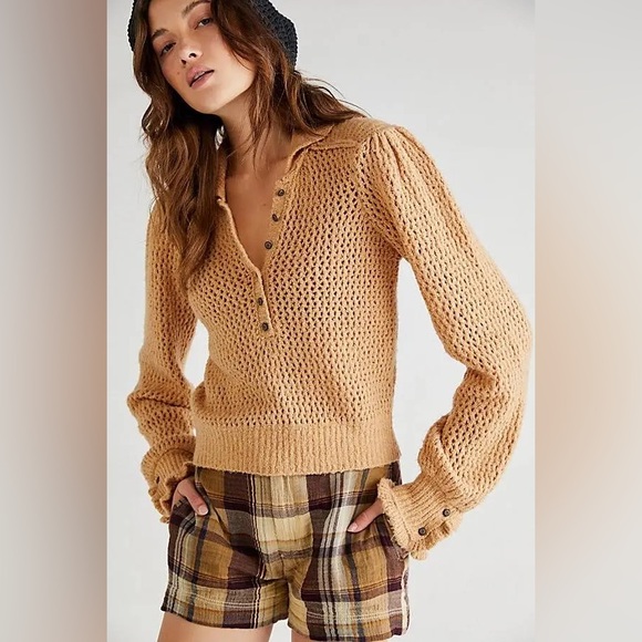 Free People Sweaters - NWOT Free People Snowdrift Henley Open Defined Knit Camel Heather Pullover Sz S